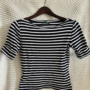 Lauren Ralph Lauren Black and White Striped Boatneck Short Sleeve Top